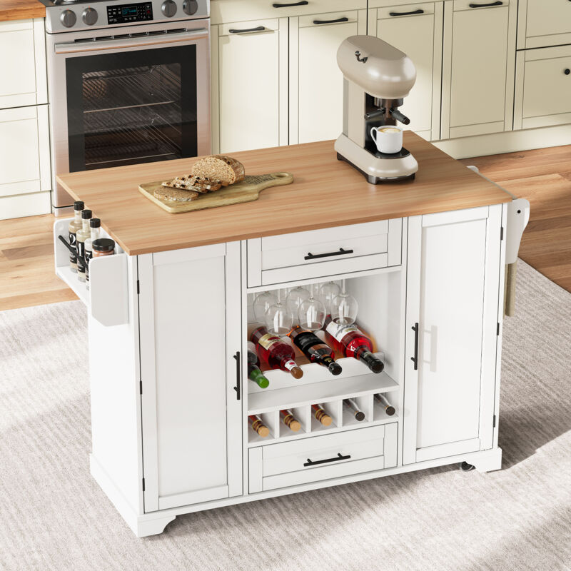 Ilot central de cuisine mobile - Plateau extensible - Avec casier à vin et porte-serviettes - 2 tiroirs et 2 portes - MDF - Blanc