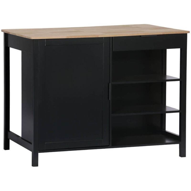 Sweeek - lot central de cuisine molene. plateau en bois d'hévéa. 120x75cm. noir. 5 étagères. 1 porte. 1 tiroir. l 120 x p 75 x h 90cm