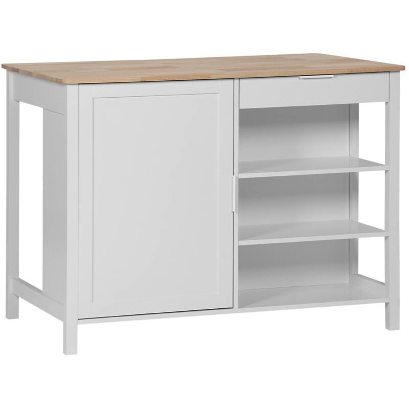 Sweeek - lot central de cuisine molene. plateau en bois d'hévéa. 120x75cm. blanc. 5 étagères. 1 porte. 1 tiroir. l 120 x p 75 x h 90cm
