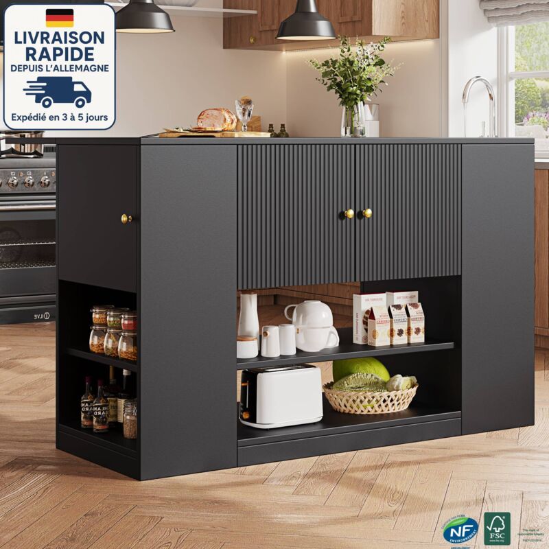 Modfu – Îlot central en bois foncé 140x40x90 cm – Avec tiroirs et étagères – MDF facile à entretenir – Plateau rabattable pour table à manger