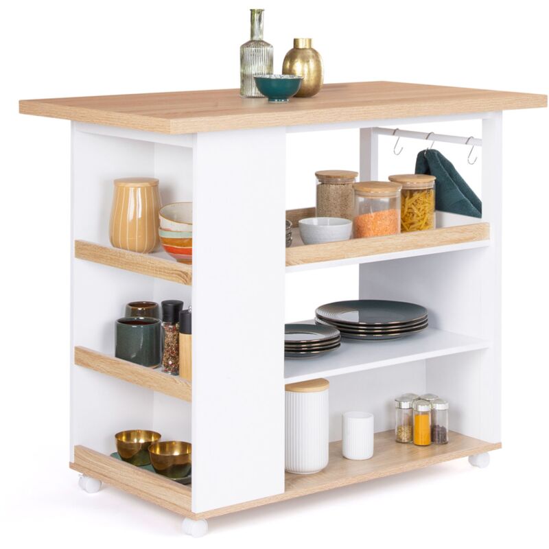 Ilot central flo 110 cm bois blanc et imitation hêtre à roulettes avec rangements design industriel