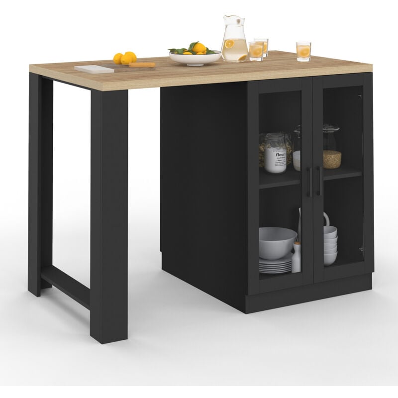 Ilot central lino 120 cm 2 personnes bois noir avec plan de travail façon hêtre et portes vitrées
