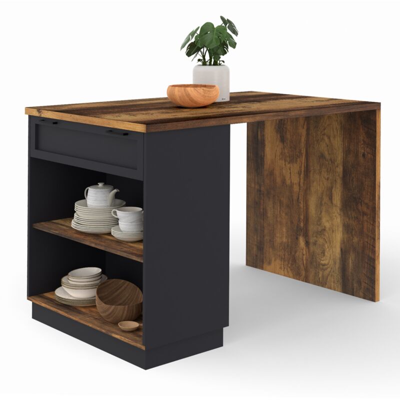 Ilot central mange-debout 4 personnes vito 130 cm noir et effet bois foncé hawkins