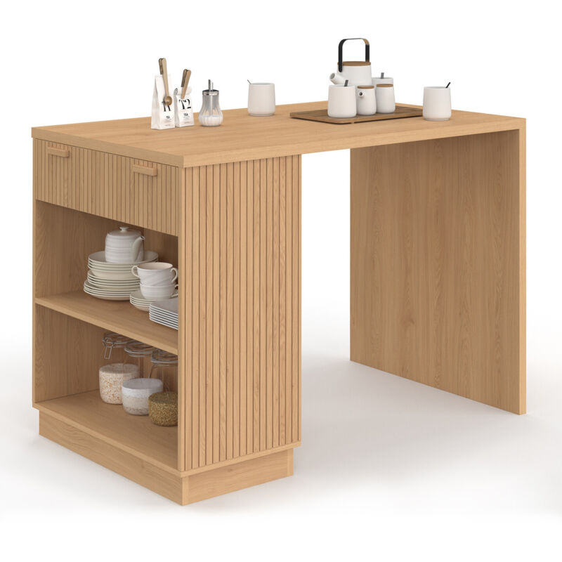 Ilot central mange-debout 4 personnes 130 cm lattes tasseau bois coloris chêne
