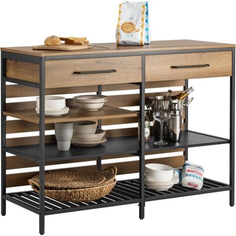 SOBUY Îlot Central Style Industriel, 2 Tiroirs, 3 Étagères, Cadre Acier Stable, Multifonction Cuisine et Salon, 60×120×90 cm, Plateau en Panneaux de Particules E1, Cadre en Tube de Fer Noir, FSB85-PF