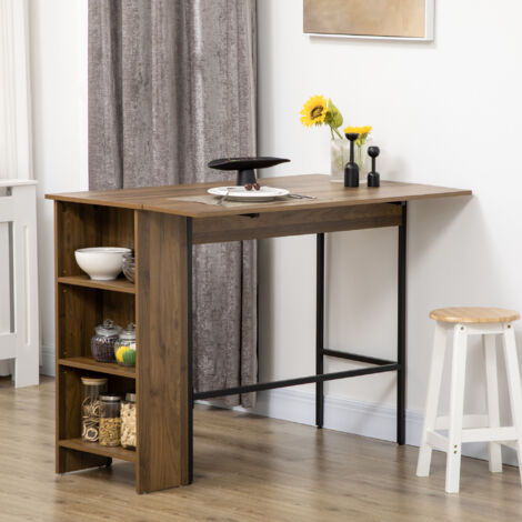Ilot Central Table de Bar Plateau Rabattable 3 Étagères 120x76x91.4 cm Marron