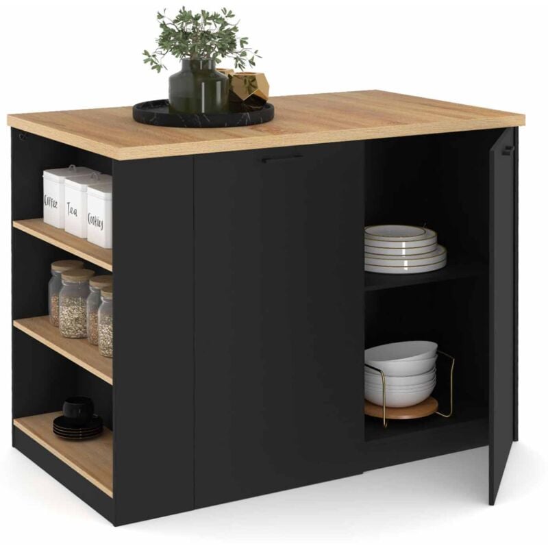Ilot central tibo 120 cm bois noir avec plan de travail façon hêtre