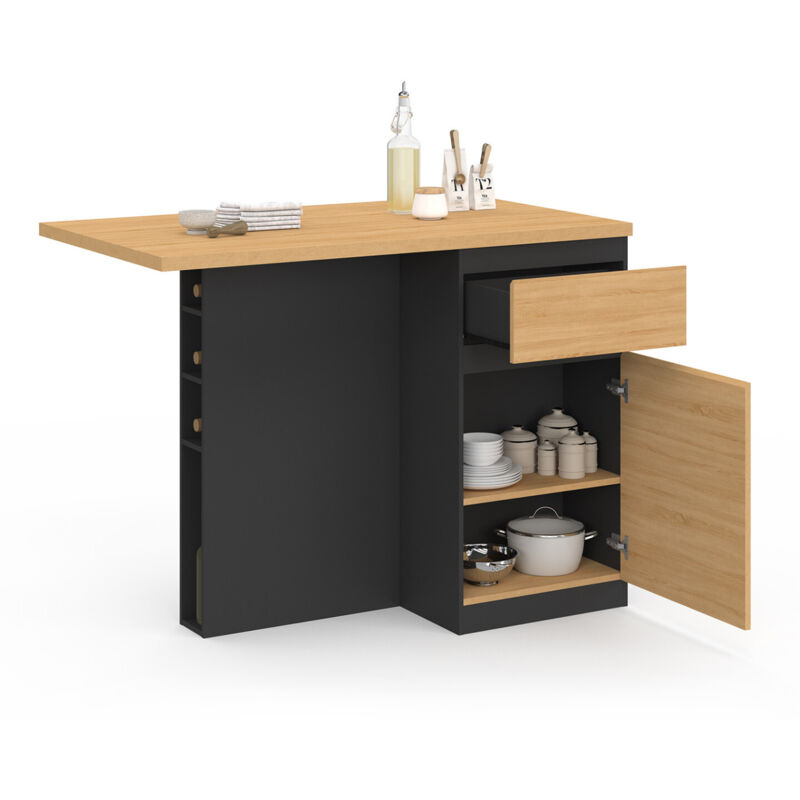 Ilot central tino 120 cm avec range-bouteilles 4 personnes bois noir avec plan de travail façon hêtre