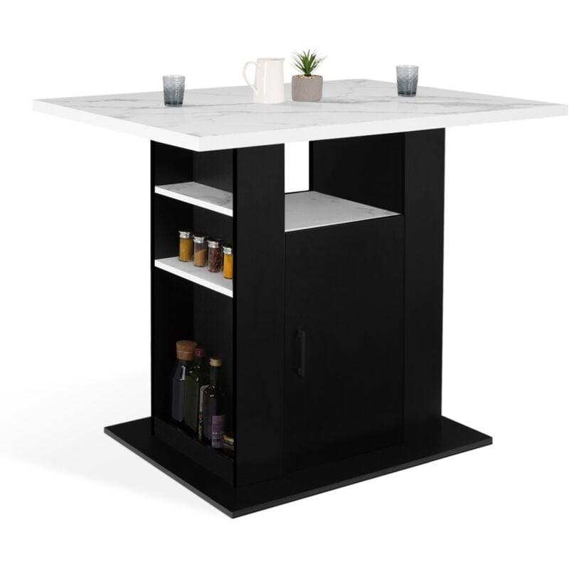 Ilot central ugo 110 cm effet marbre et noir alaska avec rangements