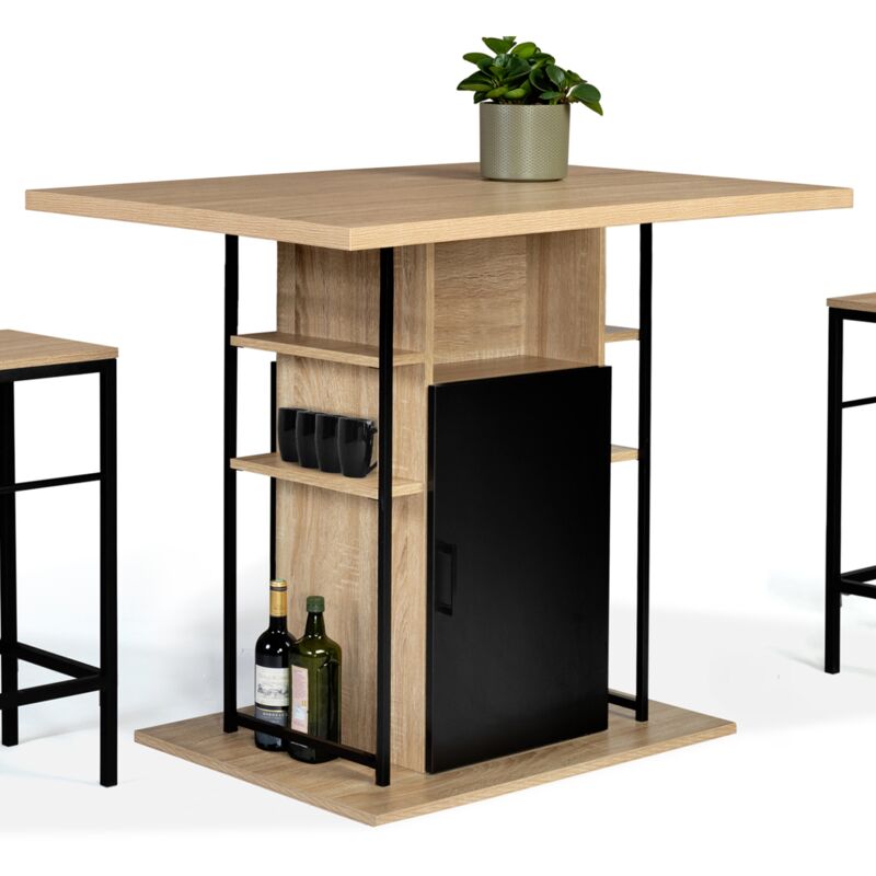 Ilot central ugo 110 cm bois noir et imitation hêtre avec rangements design industriel