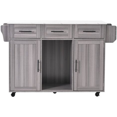 Îlot Cuisine 139x46(71)x91.5cm Chariot Service Meuble Placage Bois Gris  Modèle de marbre Blanc Plan Rabattable Portes