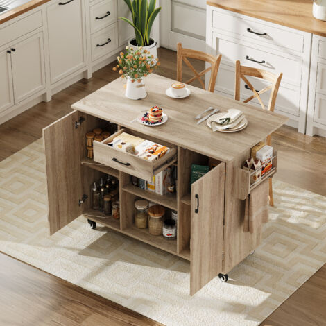 Îlot cuisine 92,9x120x43,5 cm chêne Sonoma plan travail pliable,tiroir rangement sur roulettes pour cuisine.