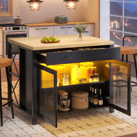 Îlot cuisine à bande LED table de bar noire,plan de travail polyvalent,table café structure bois pieds réglables salon.