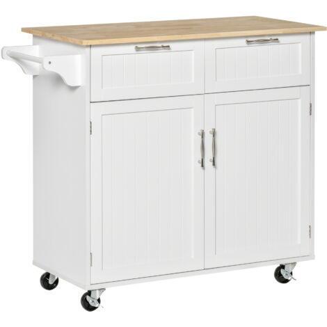 Îlot cuisine, plateau caoutchouc, chariot à roulettes, 2 tiroirs, étagères réglables, porte-serviettes, MDF, 104x46x91cm, blanc