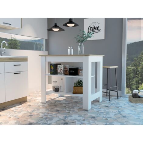 Ilot da cucina antibatterico Cala con superficie antibatterica, tre ripiani, dimensioni 90 cm (Altezza) x 103 cm (Larghezza) x 70 cm (Profondità), colore bianco/duna