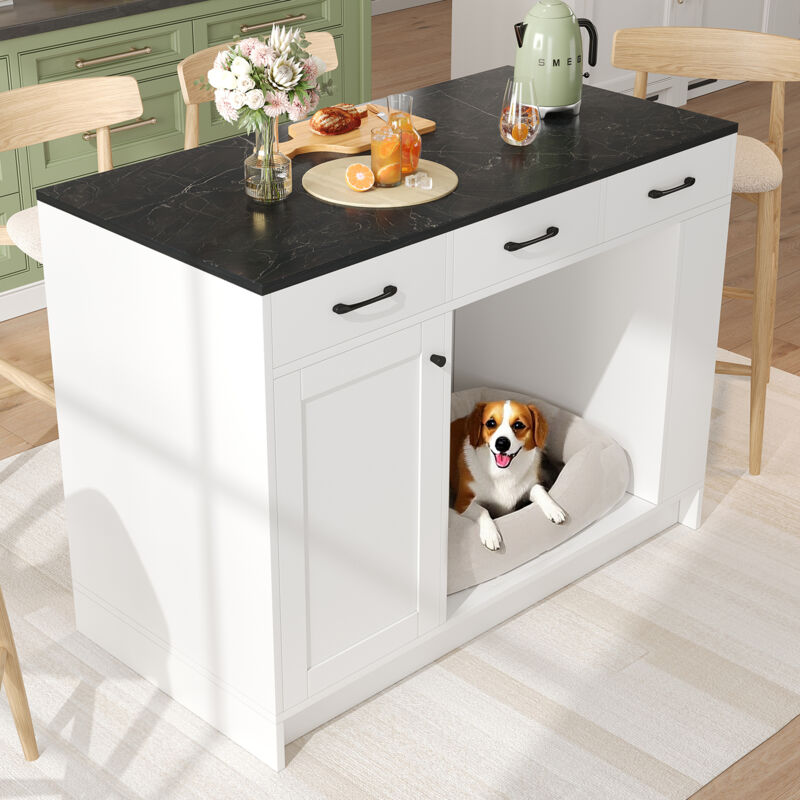 Îlot de cuisine 120x60x90 cm avec rangement animaux, 2 niches, 3 tiroirs, étagère épices, étagère réglable, panneaux de bois, blanc