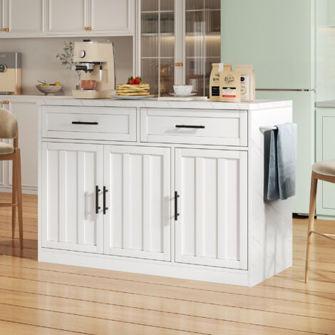 Îlot de cuisine 120x60x91 cm Bar intégré Rangement MDF Plateau effet marbre Blanc Prises USB Porte serviette
