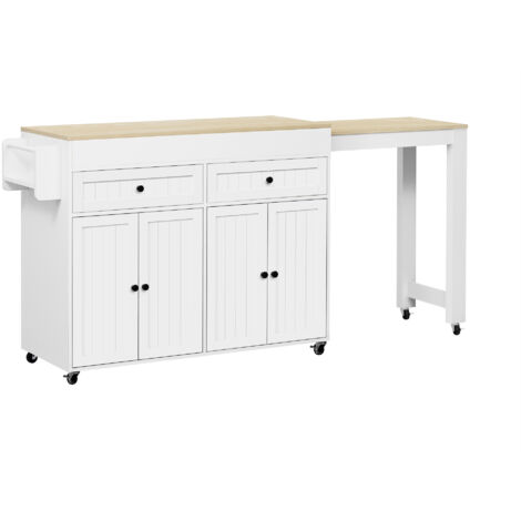 Ilot de cuisine 180,5x45x92,2cm avec 2 tiroirs et 4 portes, extensible, amovible, Blanc