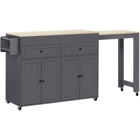 Ilot de cuisine 180,5x45x92,2cm avec 2 tiroirs et 4 portes, extensible, amovible, gris