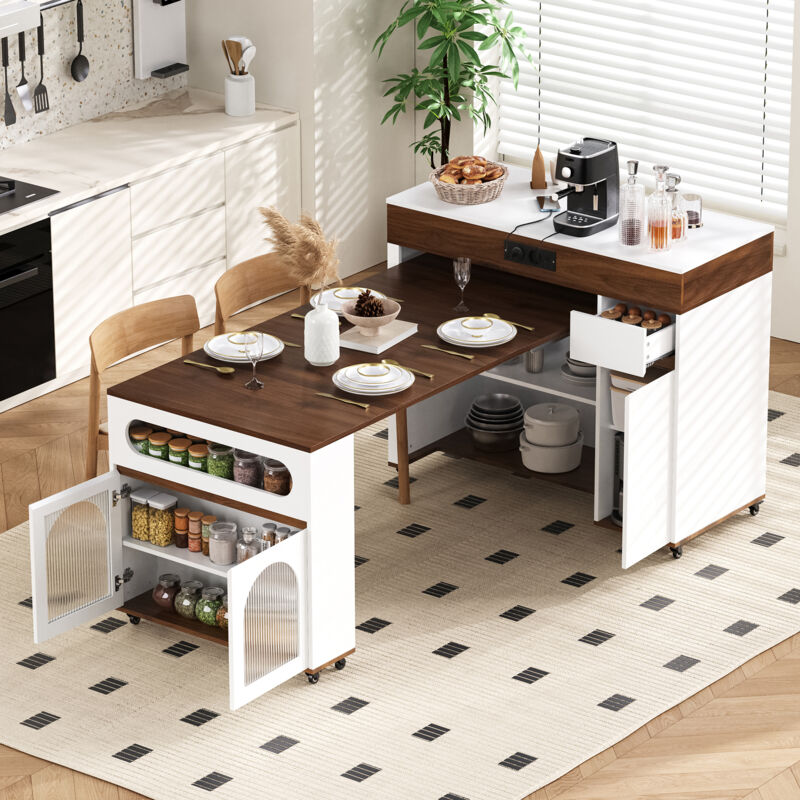 Îlot de cuisine 50,5-187,5x110,5x95,5 cm extensible avec prises, 1 tiroir, portes en verre, MDF blanc/noyer
