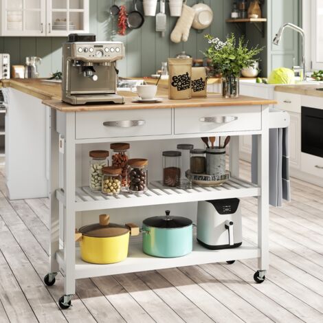 Îlot de Cuisine à 3 Niveaux Desserte Roulant avec Plan de Travail en Bois 2 Tiroirs 2 Étagères Ouvertes et Roues Verrouillables Blanc