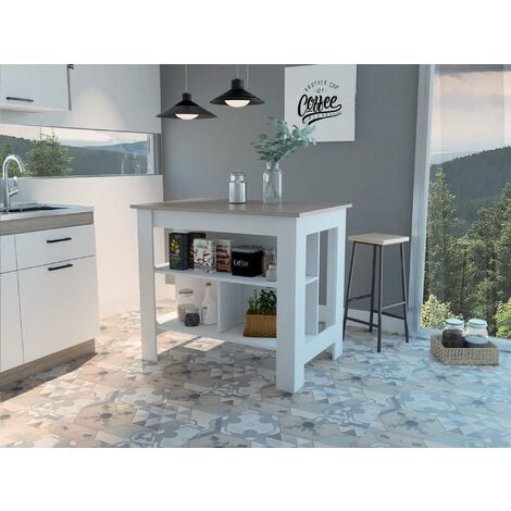 TUHOME CONCEPT Ilot de cuisine antibactérien Cala, 89.99 CM AL X 102.9 CM AN X 69.97 CM P , Blanc / Cendre