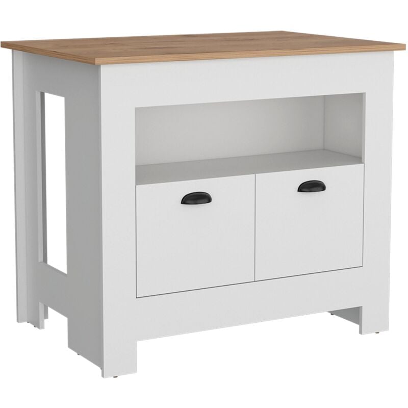 Tuhome Concept - Ilot de cuisine Arlet en mélaminé avec 2 portes et 3 étagères , Blanc / Macadamia , 89.9 cm x 103 cm x 70 cm