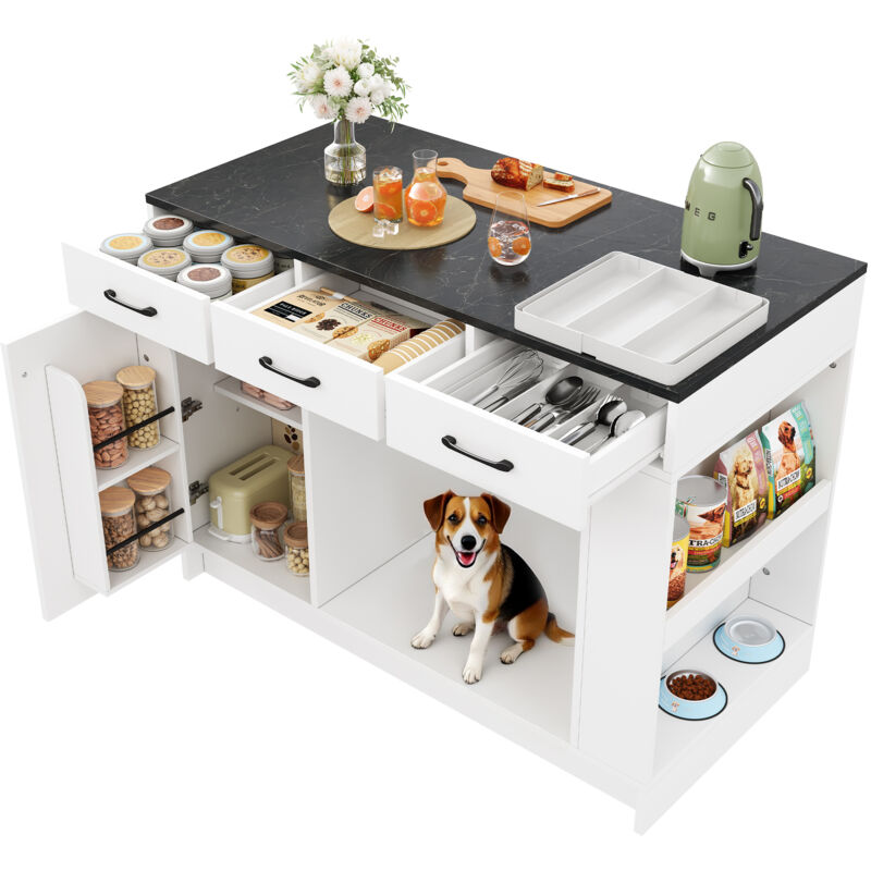 Îlot de cuisine, armoire à 3 tiroirs, 1 étagère à épices, tablette réglable, double tablette, Espace avec animaux de compagnie , 120x60x90 cm, blanc