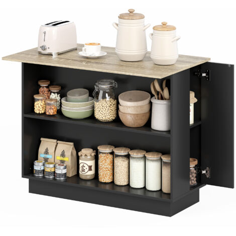Îlot de cuisine avec 2 étagères ouvertes et 2 armoires, en MDF, 105x60x82 cm, teinte chêne et noir