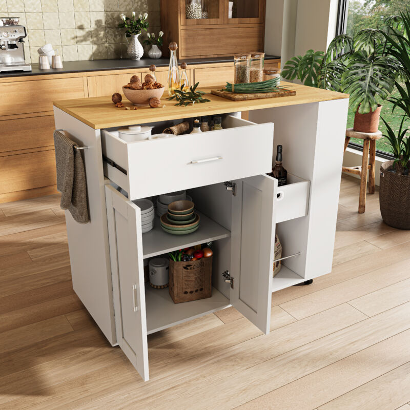Îlot de cuisine avec plan de travail, chariot de cuisine avec 4 roulettes, armoire de cuisine avec 1 tiroir, 2 étagères ouvertes et 3 étagères à
