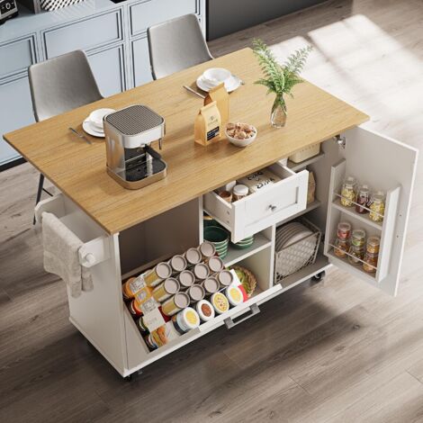 Îlot de Cuisine - avec Plan de Travail Extensible et Rangement pour Vaisselle, Roues Mobiles, Métal et MDF 134x75,4x89 cm, Noir