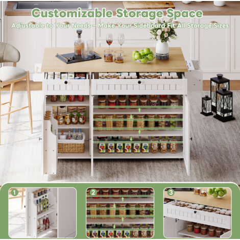 Îlot de cuisine avec planche à découper réglable. Armoire de cuisine équipé de 6 roulettes pour faciliter son déplacement. L’armoire dispose d’un espace de rangement supplémentaire