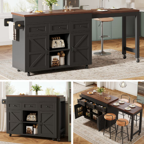 Îlot de cuisine avec rangement, table escamotable bar (131,5-210 cm), pivotante à 360°, tiroirs et placards, plan de travail polyvalent pour cuisine, salle à manger et petits espaces, Noir