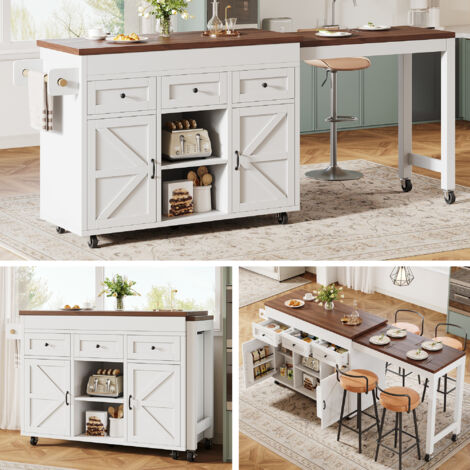 Îlot de cuisine avec rangement, table extensible bar (131,5-210 cm), plateau tournant à 360°, tiroirs et placards, plan de travail polyvalent pour cuisine, salle à manger et petits espaces, Blanc