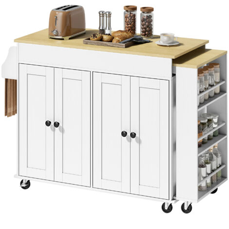 Îlot de cuisine avec roulettes, plan de travail extensible, 4 portes, étagères réglables, porte-épices et porte-serviettes blancs