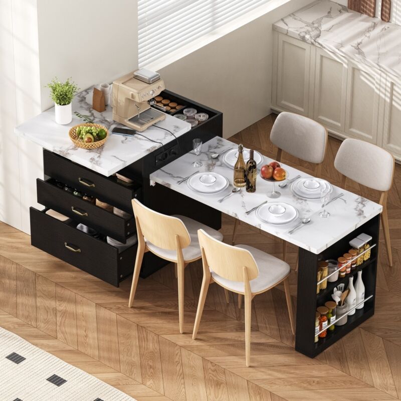 Îlot de cuisine avec table extensible - 125,5-187,5x71x93 cm - Meuble de bar avec LED, prises USB/Type-C et rangement - Noir