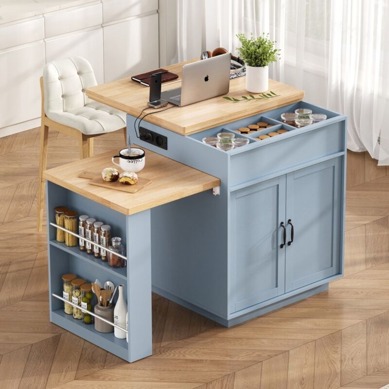 Îlot de cuisine avec table extensible - 125,5-187,5x71x93 cm - Meuble de bar avec LED, prises USB/Type-C et rangement - Bleu
