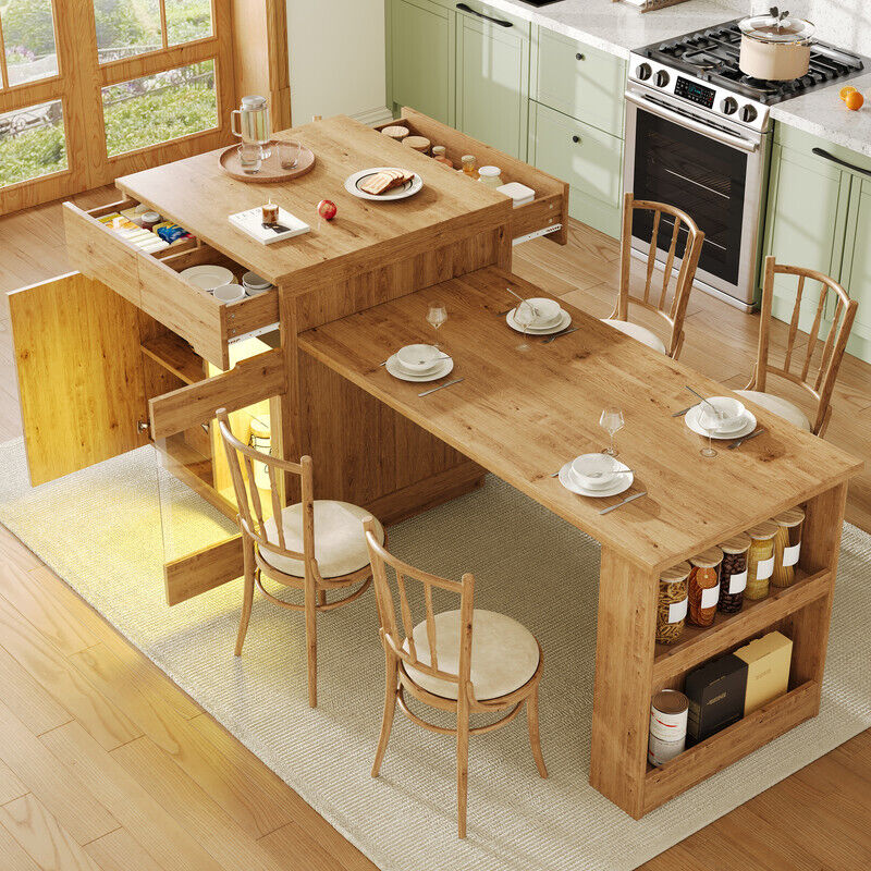 Îlot de cuisine avec table gigogne, table à manger,table de bar, armoire de cuisine multifonctionnelle avec éclairage LED (contrôle par application),