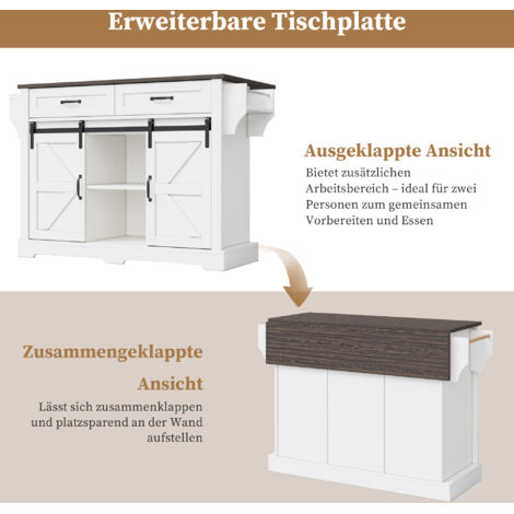 Îlot de cuisine blanc 120×45(70)×91cm plan pliant sur roues,2 portes coulissantes et 2 tiroirs style grange rustique.