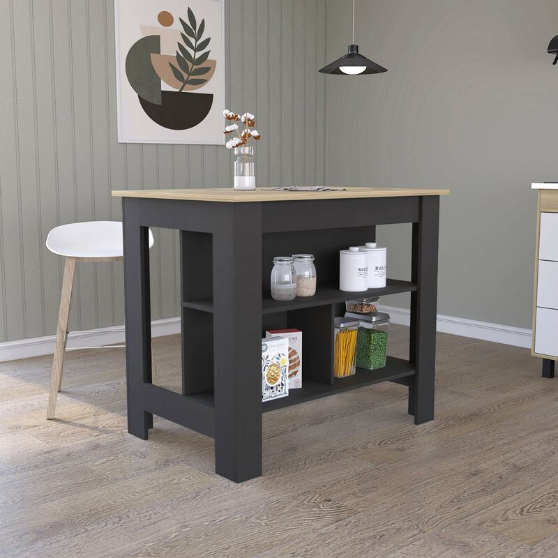 Tuhome Concept - Ilot de cuisine Cala, trois étagères et quatre pieds 90 cm h x 103 cm l x 70 cm p. Noir / Duna