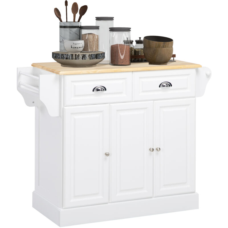 Lot de cuisine desserte à roulettes - 2 tiroirs, 3 portes, porte-serviette, porte-épices - dim. 110L x 45l x 91H cm - blanc bois