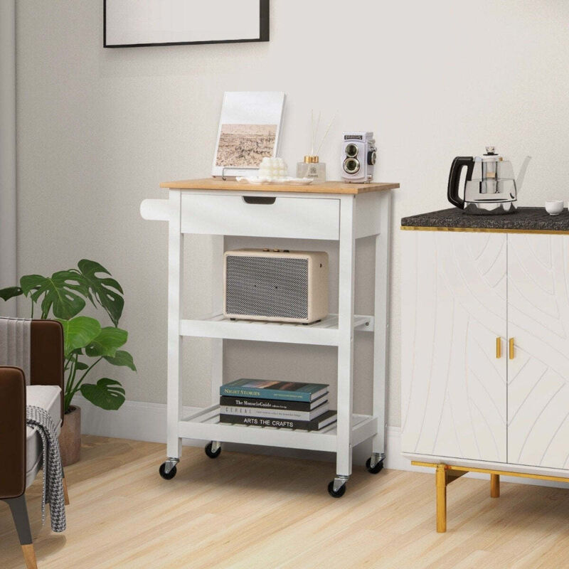 Îlot de cuisine en bambou avec tiroir coulissant et poignée latérale, chariot à micro-ondes enroulable blanc