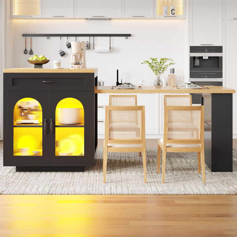 Îlot de cuisine extensible 126-196x70x94cm avec LED, 2 tiroirs, étagères réglables, portes verre cannelé, plan MDF, panneaux de bois - noir
