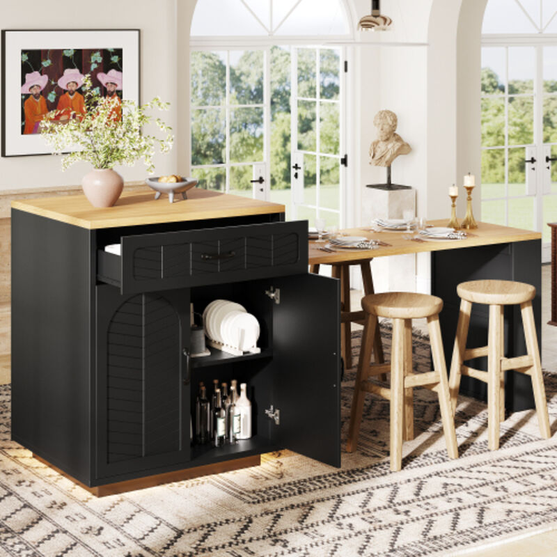 Îlot de cuisine extensible autoportant, avec plan de travail, armoire de cuisine avec LED, armoire de buffet avec table extensible, armoire de bar