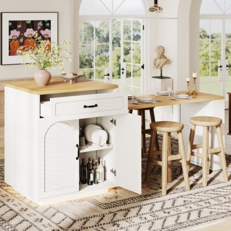 Îlot de cuisine extensible autoportant, avec plan de travail, armoire de cuisine blanche avec LED, armoire de buffet avec table extensible, armoire