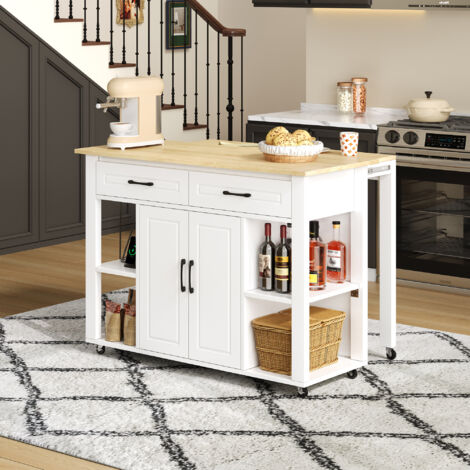 Îlot de cuisine extensible et mobile de 120 cm avec plan de travail et prise électrique, comprenant 2 tiroirs et 2 portes d'armoire avec étagères.