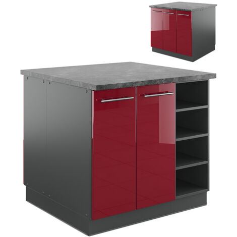 Vicco – Îlot de cuisine Fame-Line – Bordeaux haute brillance – 90 cm – MDF avec charnières soft-close – Coulisses métalliques à sortie totale