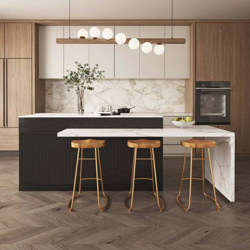 Îlot de Cuisine Ilot Central Noir Extensible avec Portes et Tiroirs Dessus à Motif en Marbre