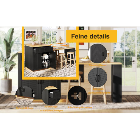 Îlot de cuisine/meuble/buffet/comptoir de bar avec bande lumineuse LED, desserte fixe, table à manger coulissante, 2 tiroirs, 4 portes, noir et blanc