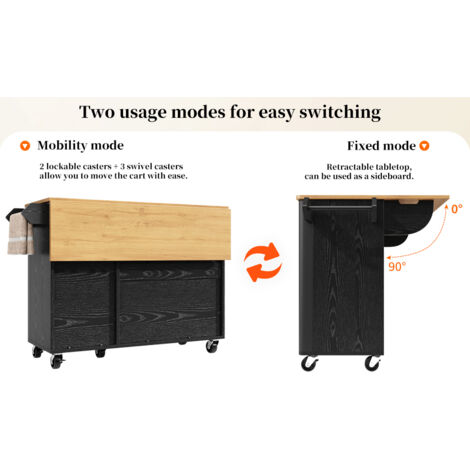 Îlot de cuisine, meuble de cuisine avec motif en bois, buffet, dimensions : 130x45 cm (75)x92 cm. Meuble de cuisine extensible sur roulettes, avec support pour serviettes.